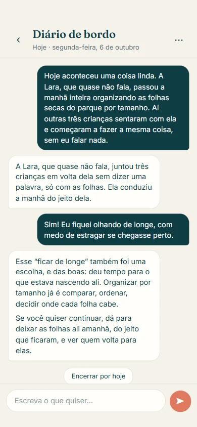 Tela "Diário de bordo" do Dupla, com a professora contando o dia em forma de conversa.